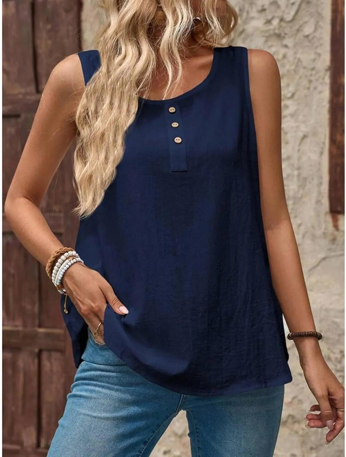 Women Cotton Linen Sleeveless Tank Tops Round Neck Gauze Shirt Casual Solid Color Loose Fit Comfy T-Shirt Blouse Vest