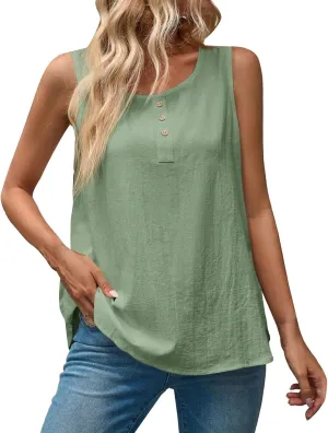Women Cotton Linen Sleeveless Tank Tops Round Neck Gauze Shirt Casual Solid Color Loose Fit Comfy T-Shirt Blouse Vest