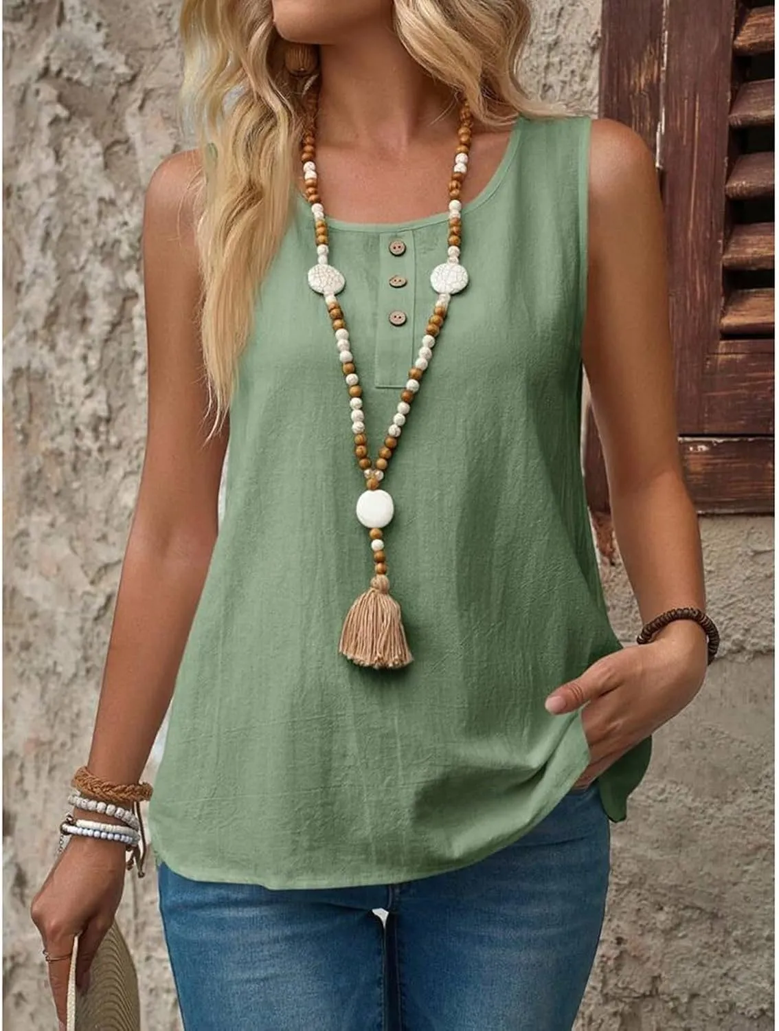 Women Cotton Linen Sleeveless Tank Tops Round Neck Gauze Shirt Casual Solid Color Loose Fit Comfy T-Shirt Blouse Vest