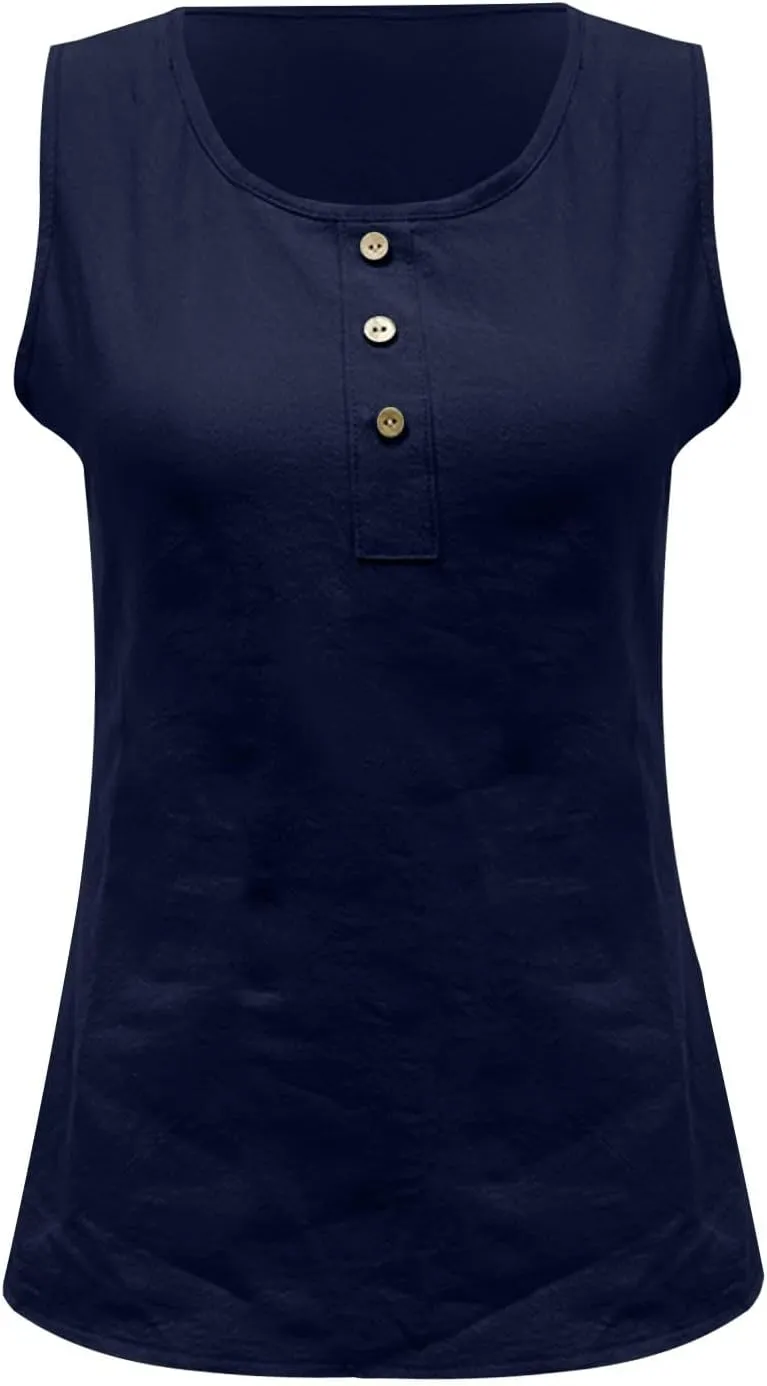 Women Cotton Linen Sleeveless Tank Tops Round Neck Gauze Shirt Casual Solid Color Loose Fit Comfy T-Shirt Blouse Vest
