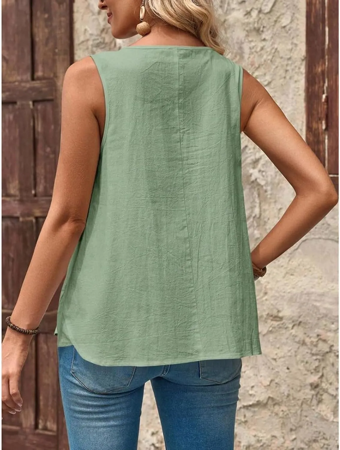 Women Cotton Linen Sleeveless Tank Tops Round Neck Gauze Shirt Casual Solid Color Loose Fit Comfy T-Shirt Blouse Vest