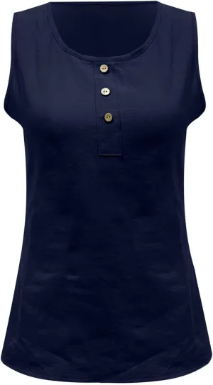 Women Cotton Linen Sleeveless Tank Tops Round Neck Gauze Shirt Casual Solid Color Loose Fit Comfy T-Shirt Blouse Vest