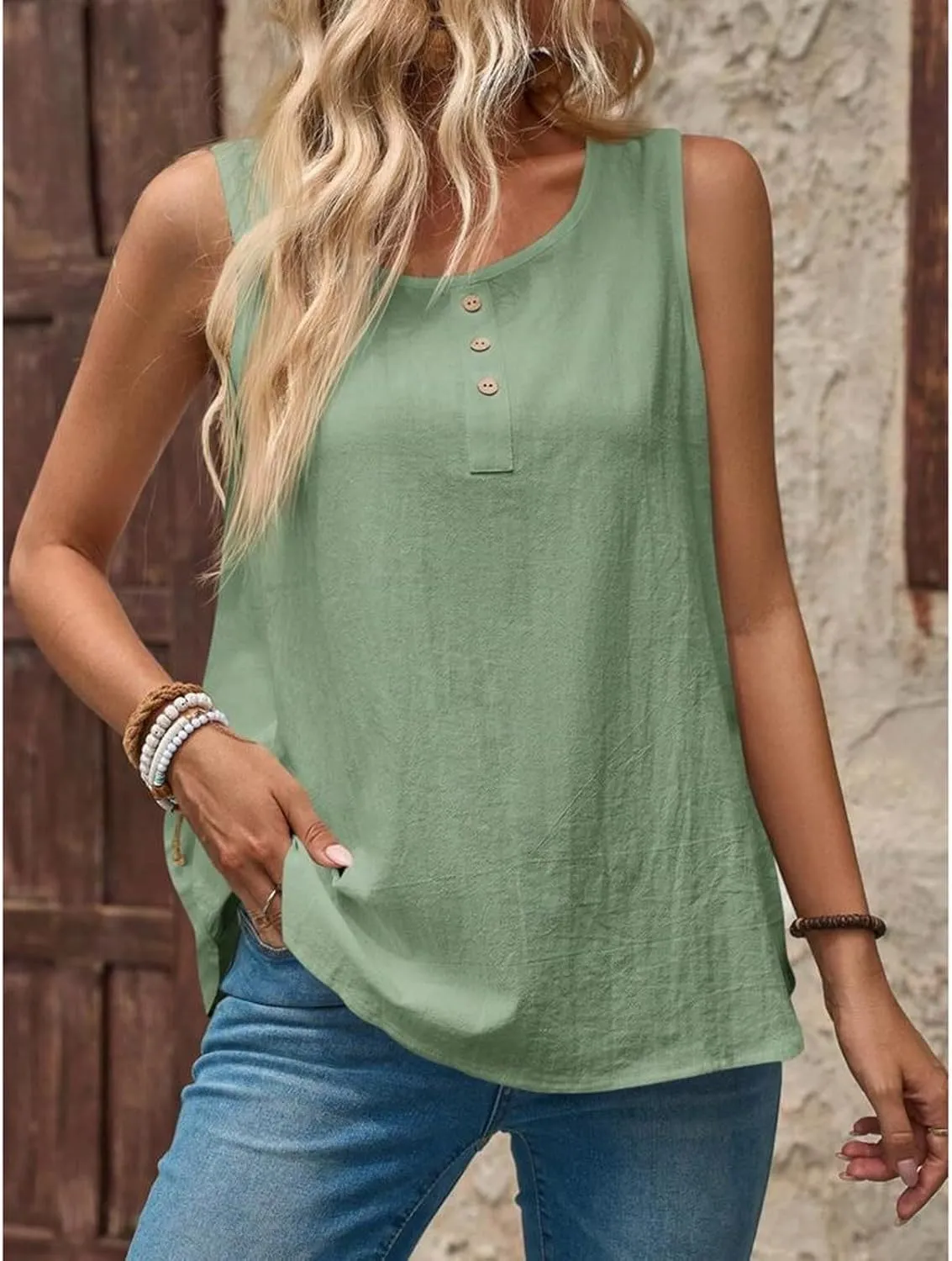 Women Cotton Linen Sleeveless Tank Tops Round Neck Gauze Shirt Casual Solid Color Loose Fit Comfy T-Shirt Blouse Vest
