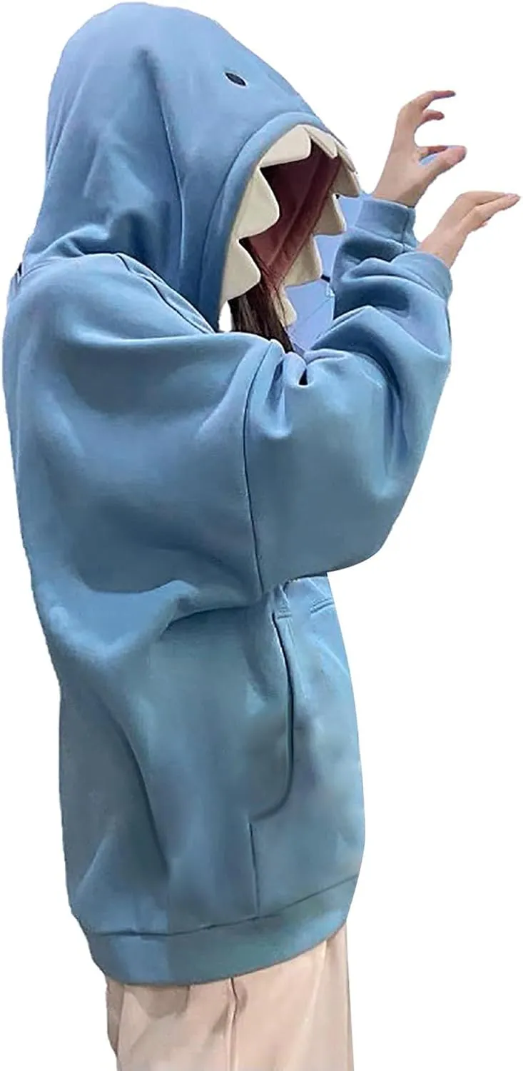 Women Cute Shark Hood Sweatshirts Y2k Coquettish Hoodies Oversized Long Sleeve Drawstring Pullover Tops