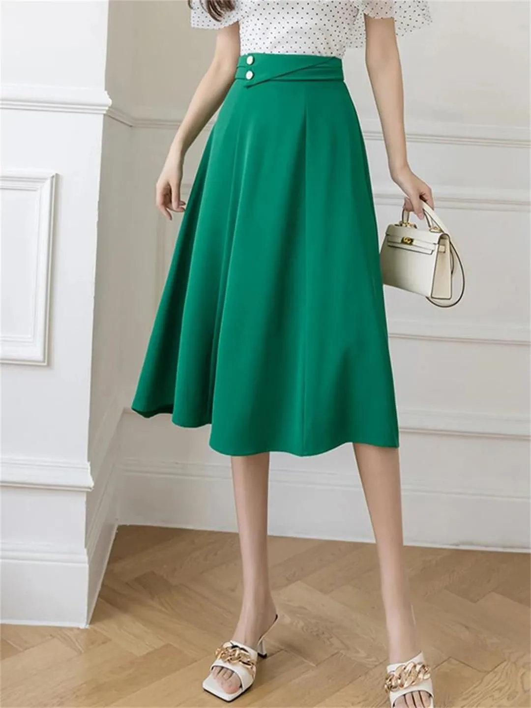 Women Elegant High Waist Office Wear A-Line Maxi Skirts Blue Black EN8 Falda Midi Long Skirt