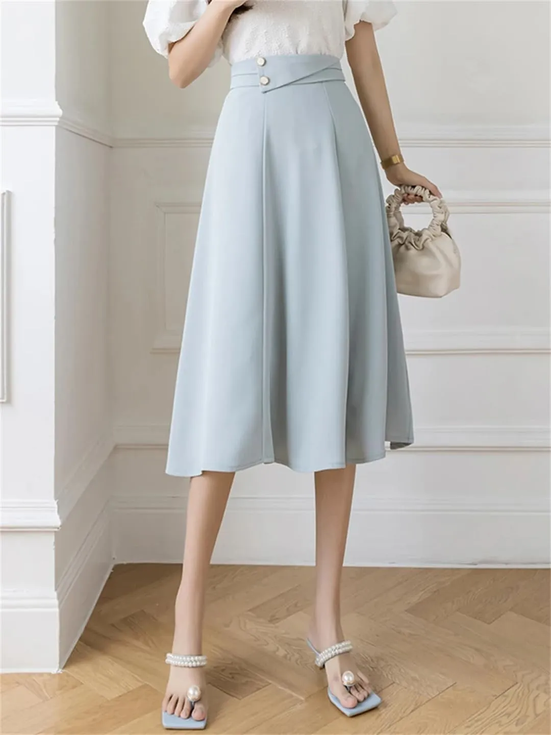 Women Elegant High Waist Office Wear A-Line Maxi Skirts Blue Black EN8 Falda Midi Long Skirt
