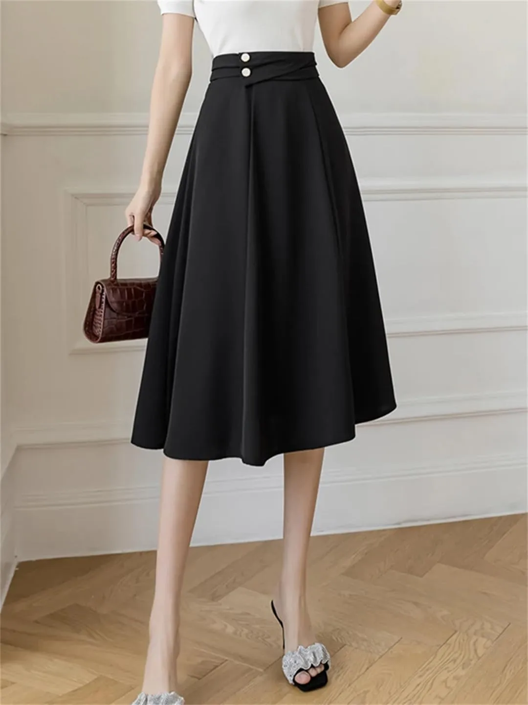 Women Elegant High Waist Office Wear A-Line Maxi Skirts Blue Black EN8 Falda Midi Long Skirt