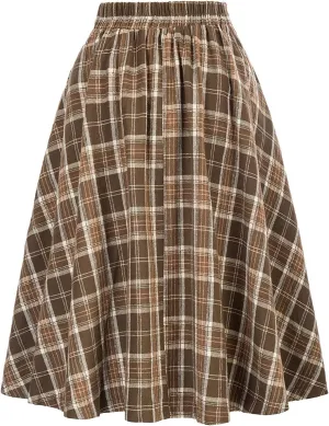Women Fashion Casual Plaid Skirt Vintage A Line Skirts Vintage Skirt Plaid High Waist Plus Size Midi Pleated Skirts