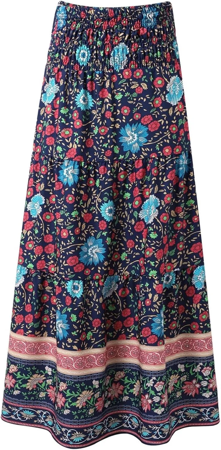 Women Floral Midi Skirt Flowy Elastic Waist Long Skirts Boho Summer Vacation Beach A-Line Swing Skirts 2025 Fashion