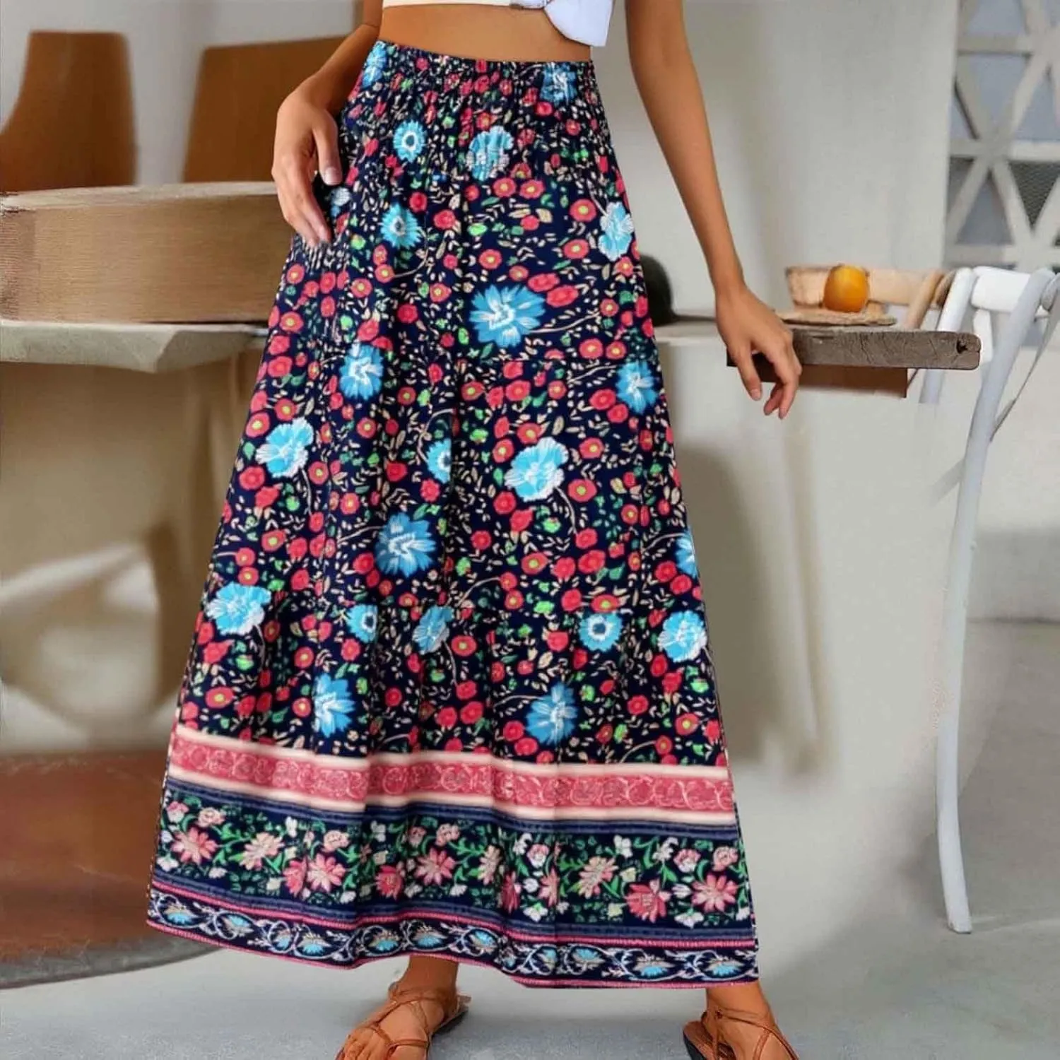 Women Floral Midi Skirt Flowy Elastic Waist Long Skirts Boho Summer Vacation Beach A-Line Swing Skirts 2025 Fashion