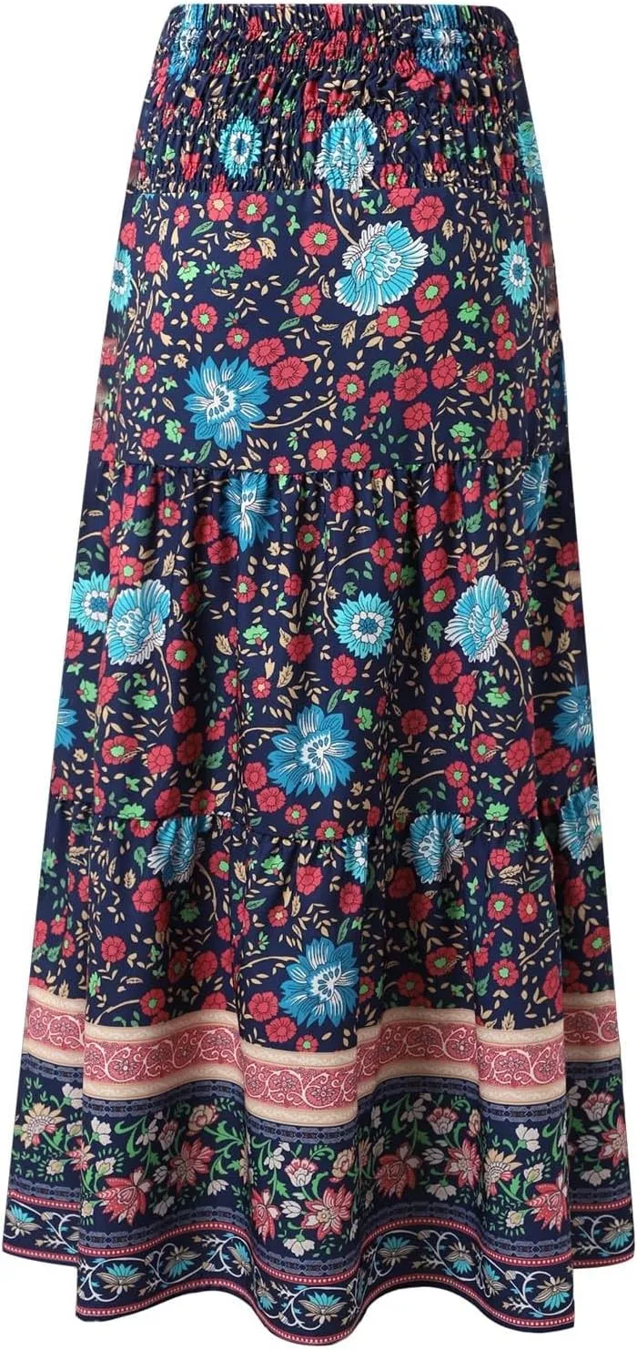 Women Floral Midi Skirt Flowy Elastic Waist Long Skirts Boho Summer Vacation Beach A-Line Swing Skirts 2025 Fashion