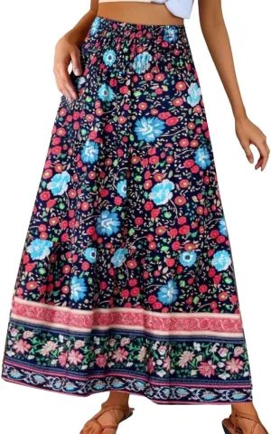 Women Floral Midi Skirt Flowy Elastic Waist Long Skirts Boho Summer Vacation Beach A-Line Swing Skirts 2025 Fashion