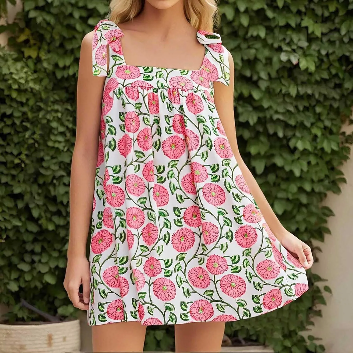 Women Floral Tie Shoulder Mini Dress Cute Square Neck Loose Fit Beach Short Dress Swing Backless Boho Vocation Sundress