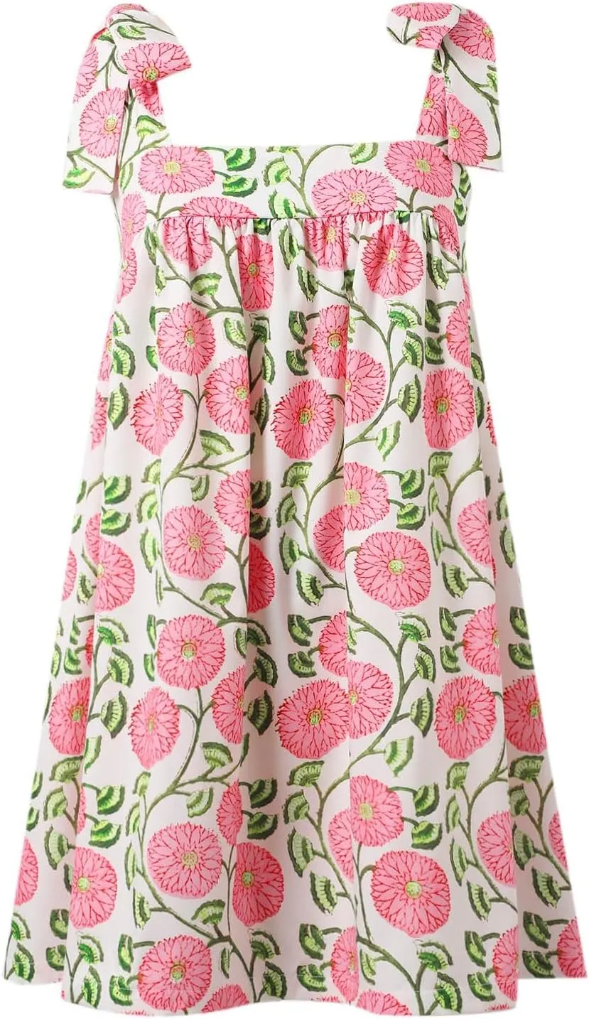 Women Floral Tie Shoulder Mini Dress Cute Square Neck Loose Fit Beach Short Dress Swing Backless Boho Vocation Sundress