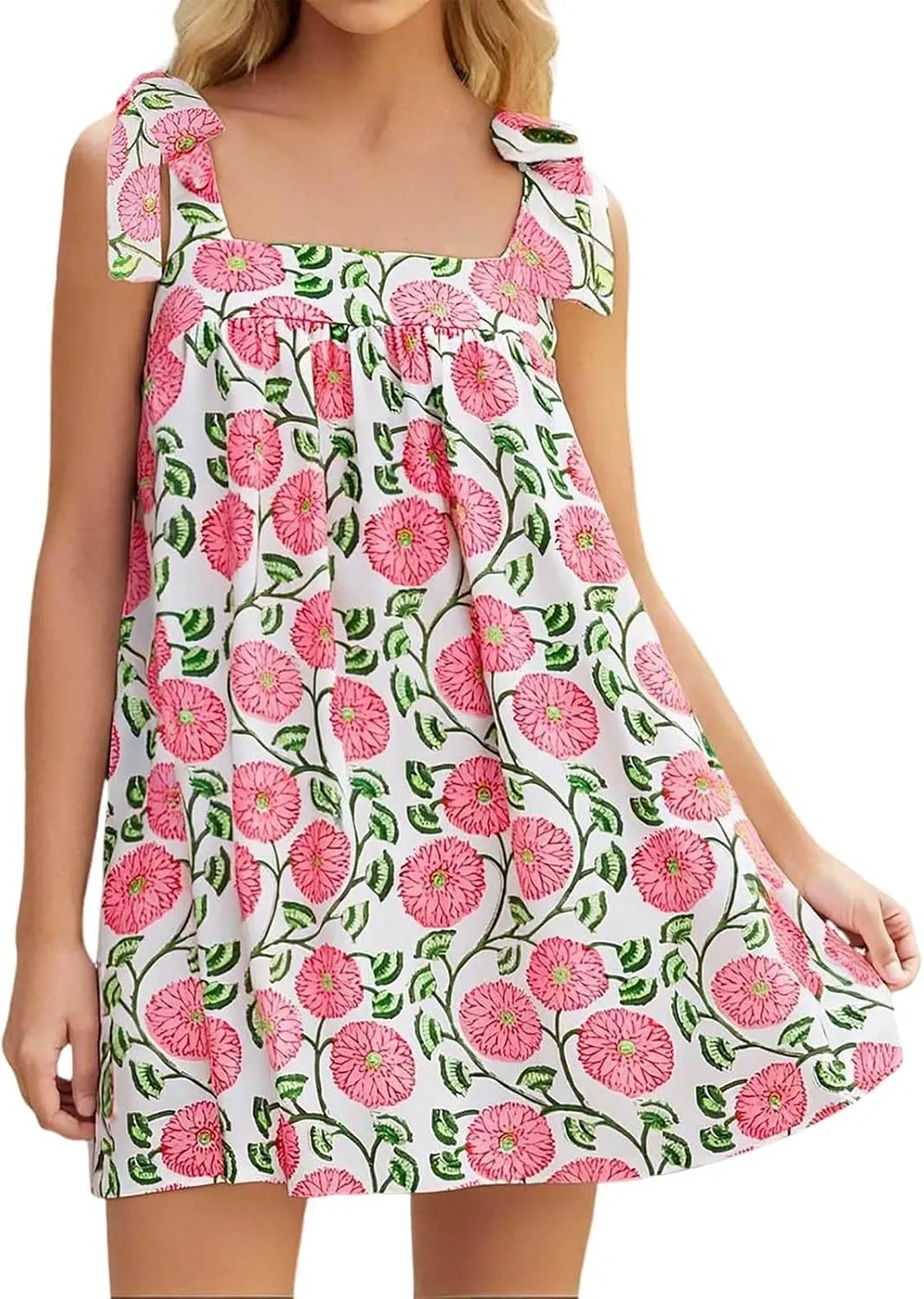 Women Floral Tie Shoulder Mini Dress Cute Square Neck Loose Fit Beach Short Dress Swing Backless Boho Vocation Sundress