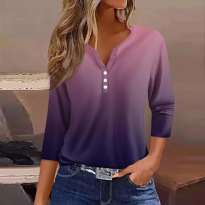 Women Henley Neck Tops 3/4 Length Sleeve V Neck Button Down T Shirts Plus Size Fashion 2024 Tunic Elbow Sleeve Print Blouse