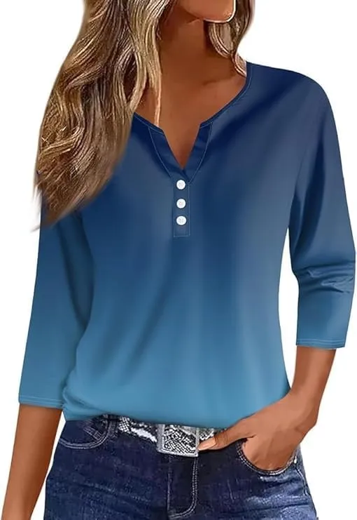 Women Henley Neck Tops 3/4 Length Sleeve V Neck Button Down T Shirts Plus Size Fashion 2024 Tunic Elbow Sleeve Print Blouse