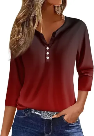 Women Henley Neck Tops 3/4 Length Sleeve V Neck Button Down T Shirts Plus Size Fashion 2024 Tunic Elbow Sleeve Print Blouse