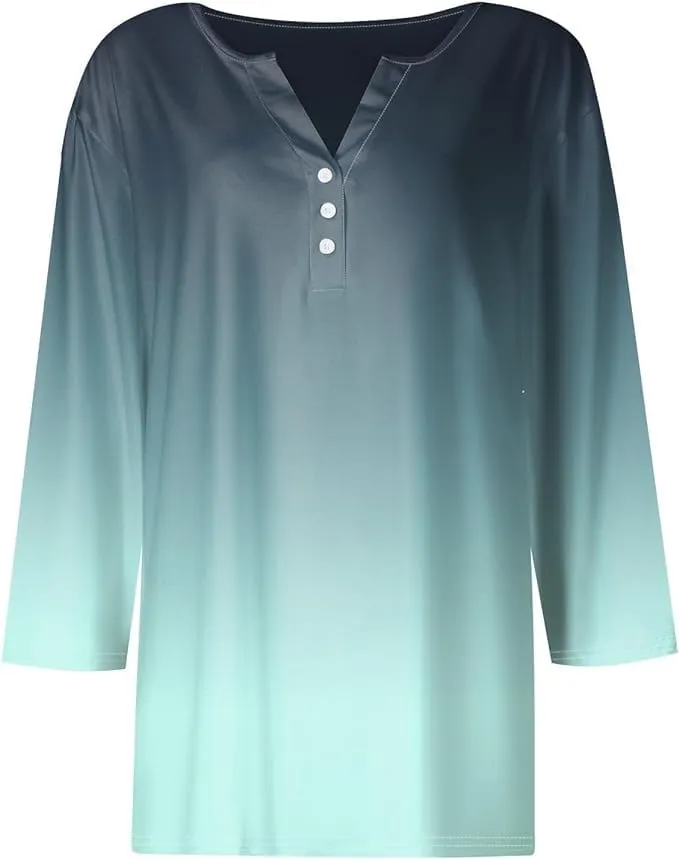 Women Henley Neck Tops 3/4 Length Sleeve V Neck Button Down T Shirts Plus Size Fashion 2024 Tunic Elbow Sleeve Print Blouse