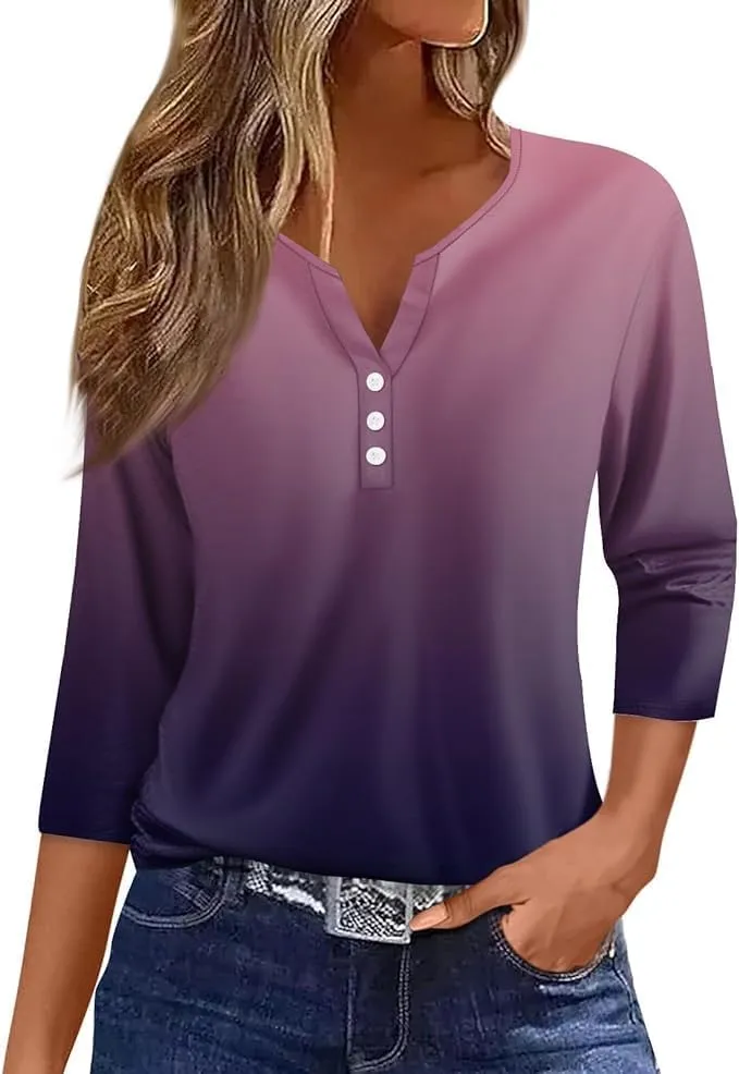 Women Henley Neck Tops 3/4 Length Sleeve V Neck Button Down T Shirts Plus Size Fashion 2024 Tunic Elbow Sleeve Print Blouse