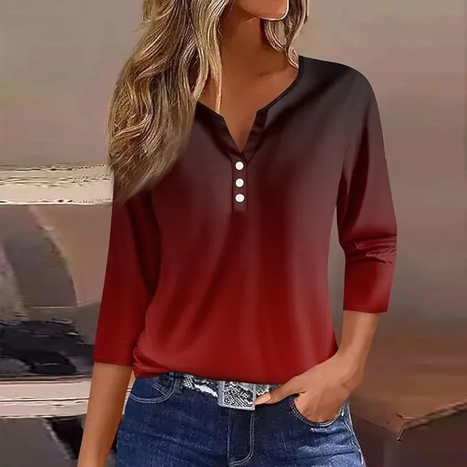 Women Henley Neck Tops 3/4 Length Sleeve V Neck Button Down T Shirts Plus Size Fashion 2024 Tunic Elbow Sleeve Print Blouse