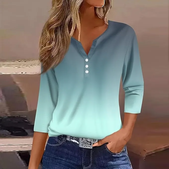 Women Henley Neck Tops 3/4 Length Sleeve V Neck Button Down T Shirts Plus Size Fashion 2024 Tunic Elbow Sleeve Print Blouse