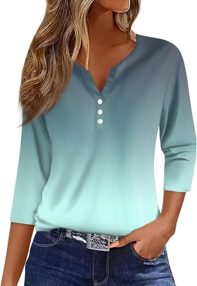 Women Henley Neck Tops 3/4 Length Sleeve V Neck Button Down T Shirts Plus Size Fashion 2024 Tunic Elbow Sleeve Print Blouse