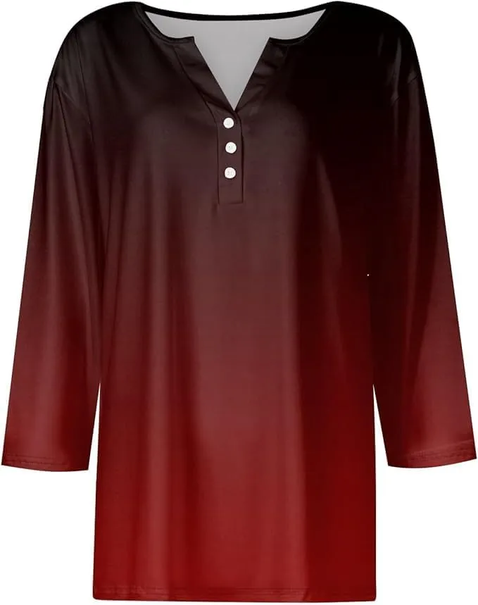 Women Henley Neck Tops 3/4 Length Sleeve V Neck Button Down T Shirts Plus Size Fashion 2024 Tunic Elbow Sleeve Print Blouse