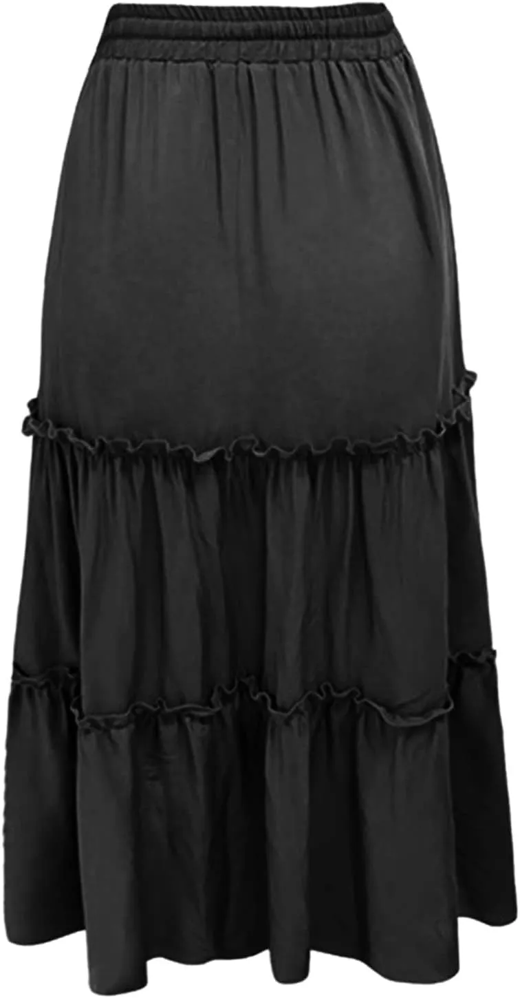 Women High Elastic Waist Pleated Skirt Vintage Stretch Casual High Waist A-Line Flared Midi Skirts Spring Sequin