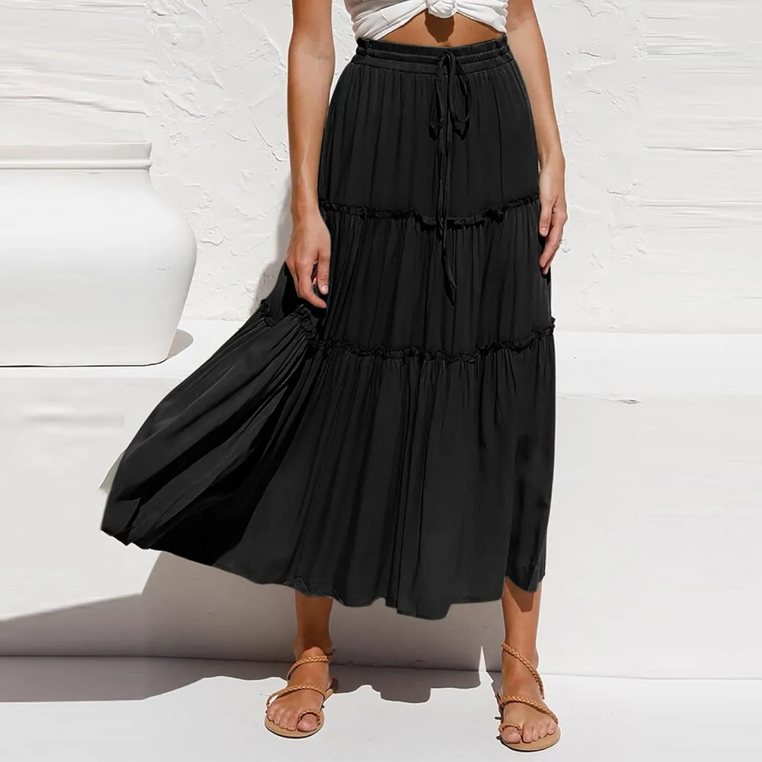 Women High Elastic Waist Pleated Skirt Vintage Stretch Casual High Waist A-Line Flared Midi Skirts Spring Sequin