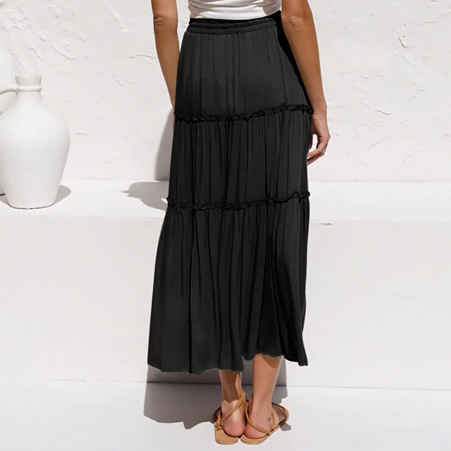 Women High Elastic Waist Pleated Skirt Vintage Stretch Casual High Waist A-Line Flared Midi Skirts Spring Sequin