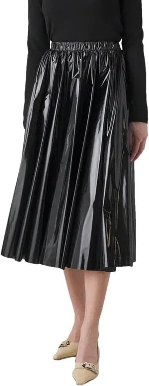 Women Leather Pleated Midi Skirts Waist Skirts Stretch Elegant Knee Length Skirts