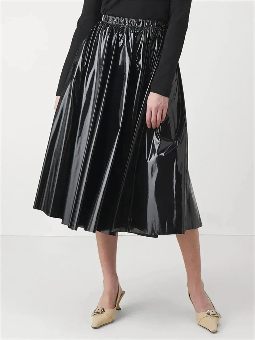 Women Leather Pleated Midi Skirts Waist Skirts Stretch Elegant Knee Length Skirts