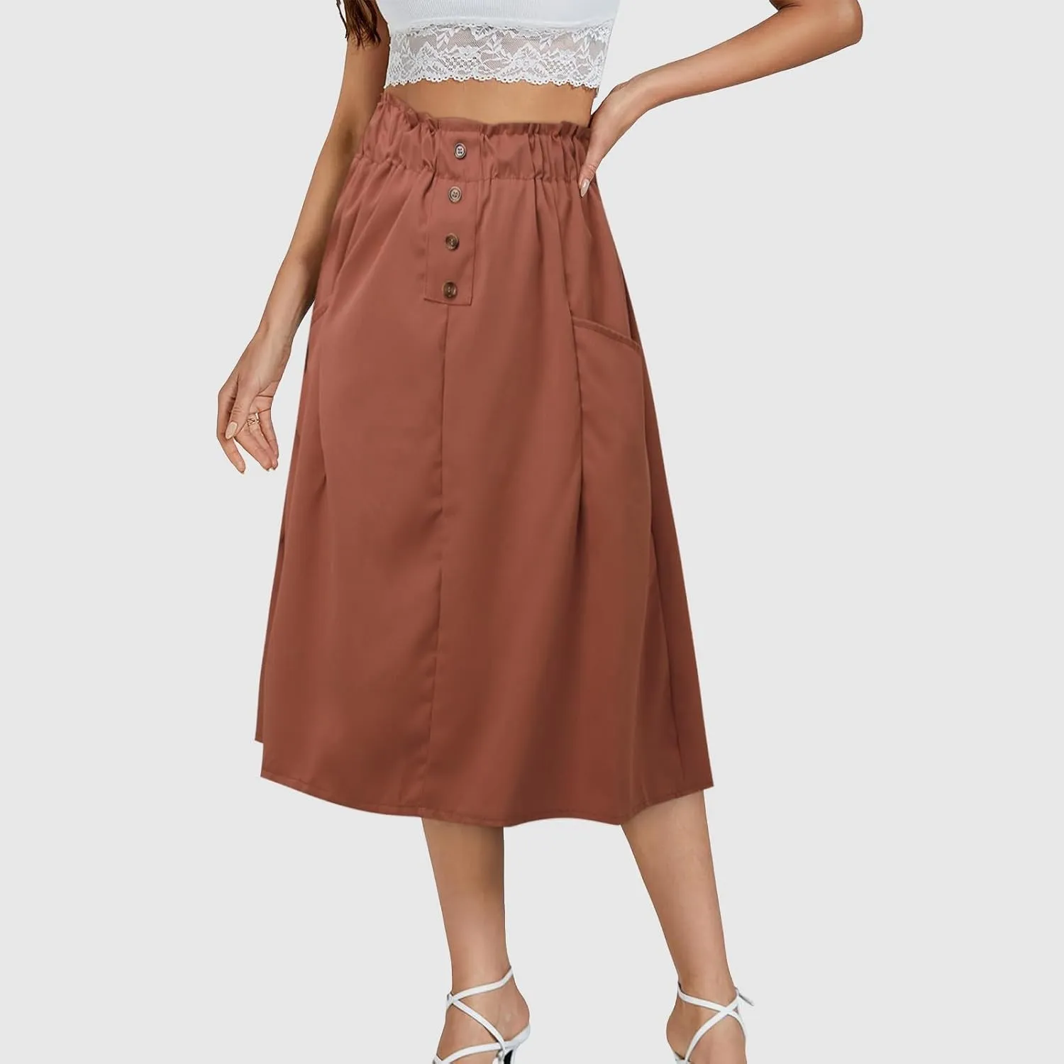 Women Midi Skirt Women's Button Down Denim Skirt High Waisted Casual Loose Jean Midi Skirts with Pockets
