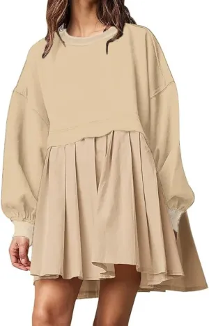 Women Oversized Sweatshirt Dress Long Sleeve Crewneck Patchwork Pleated Relaxed Fit Pullover Tops Baggy Mini Dresses