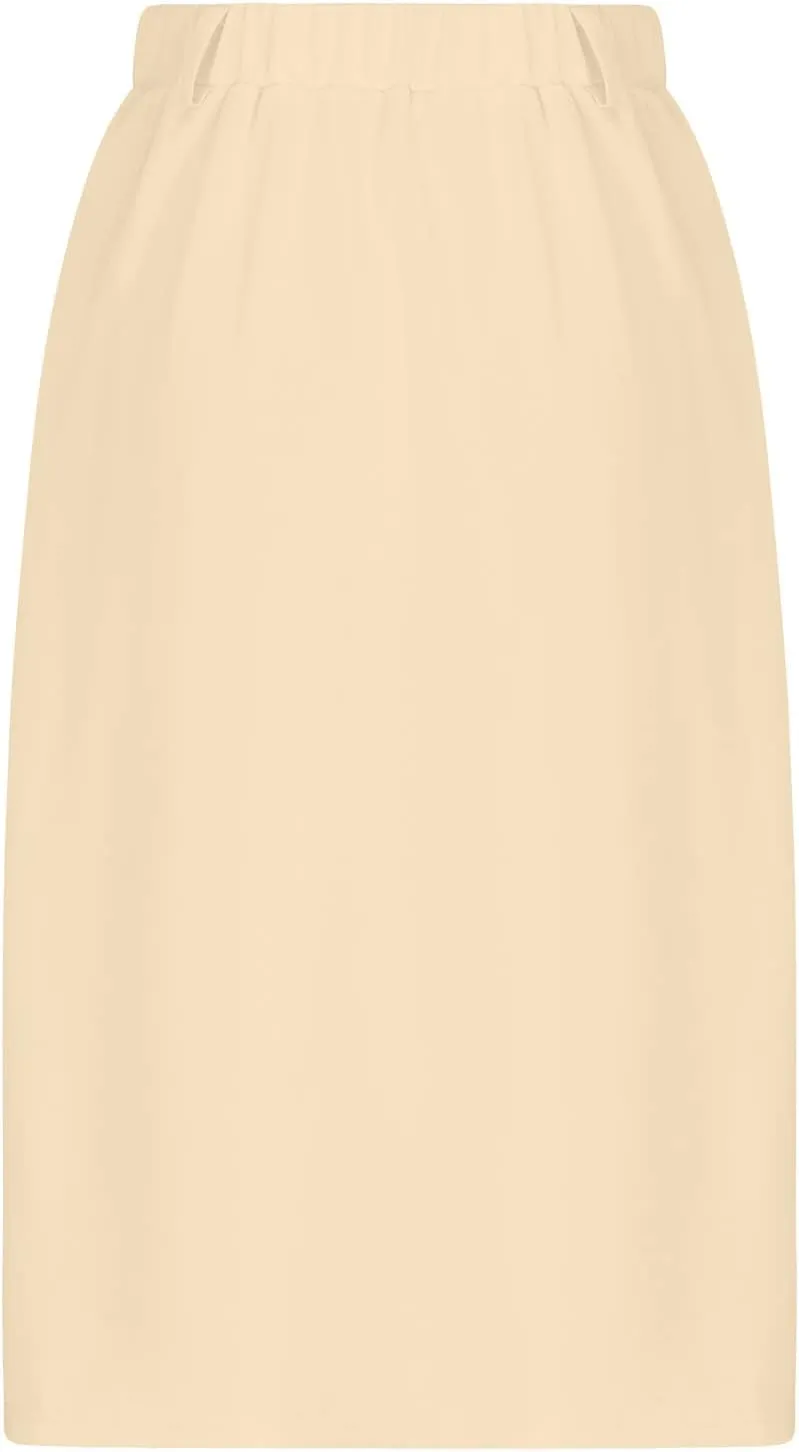 Women Pleated A-line Midi Skirts Elastic Waist Button Front Skirt Casual Flared Long Skirts with Pocket for Womens