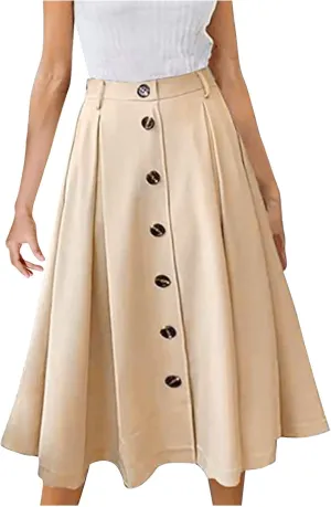 Women Pleated A-line Midi Skirts Elastic Waist Button Front Skirt Casual Flared Long Skirts with Pocket for Womens