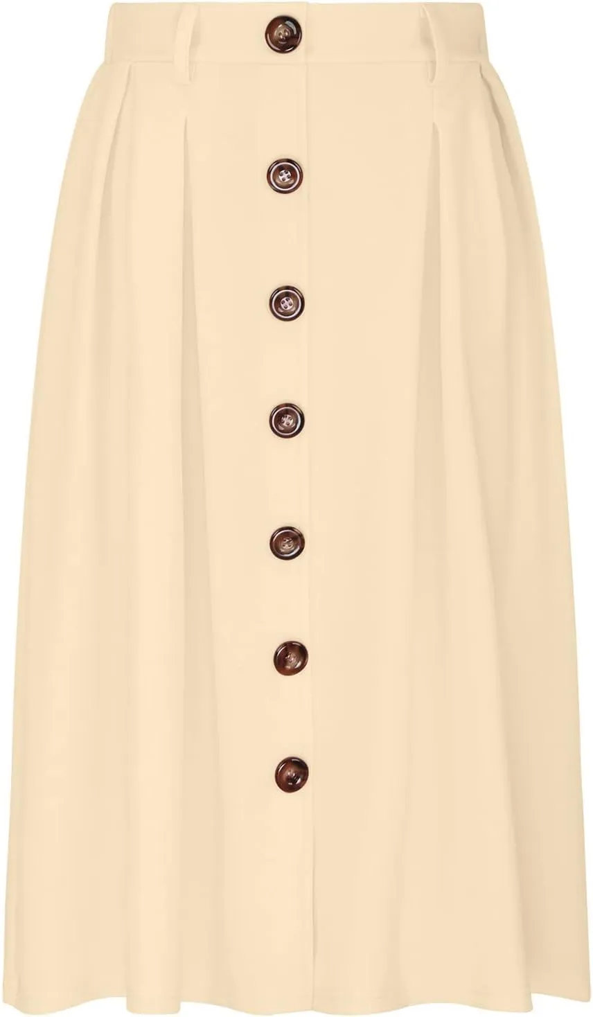 Women Pleated A-line Midi Skirts Elastic Waist Button Front Skirt Casual Flared Long Skirts with Pocket for Womens