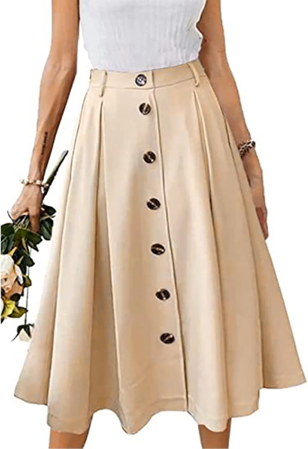 Women Pleated A-line Midi Skirts Elastic Waist Button Front Skirt Casual Flared Long Skirts with Pocket for Womens