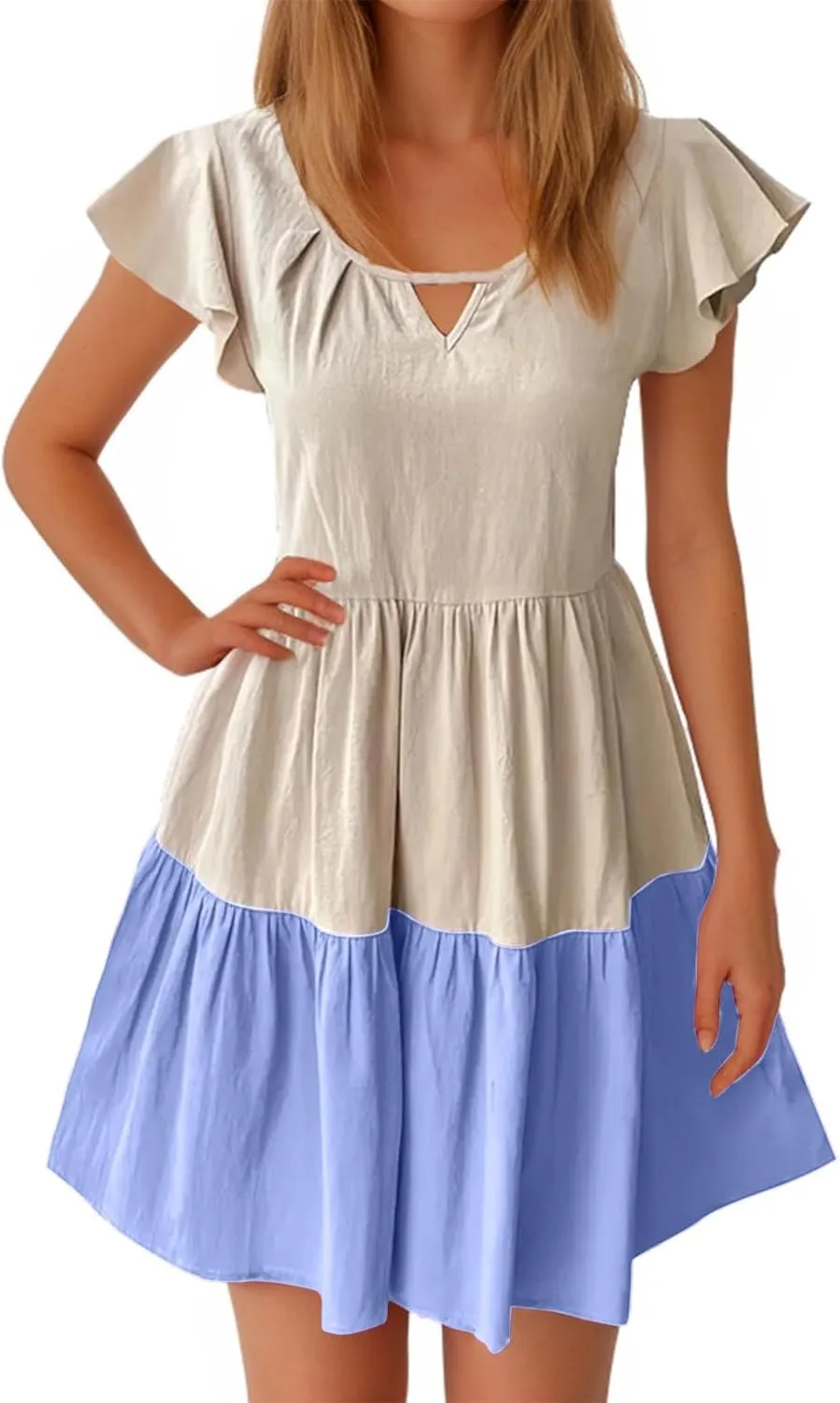 Women Ruffle Sleeve Mini Dress Fashion Color Block Notch V Neck Lounge Dresses Novelty Going Out T-Shirt Dress