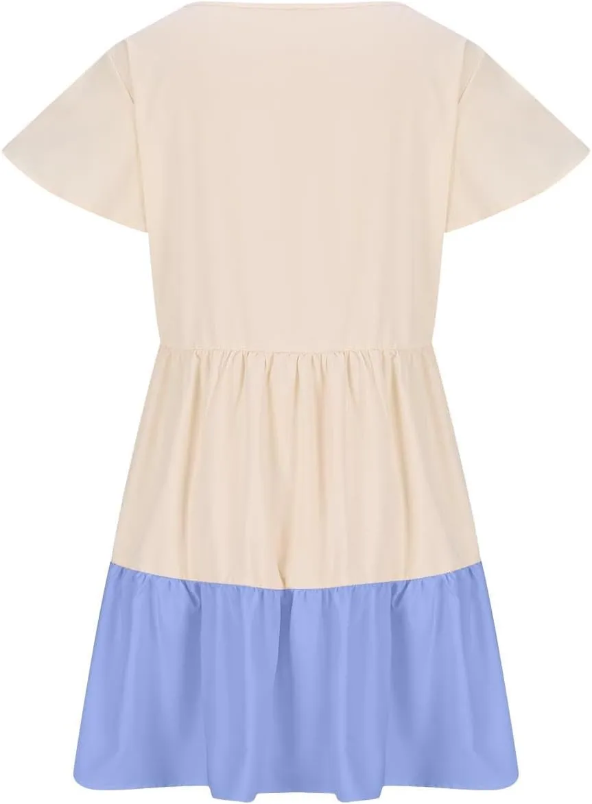 Women Ruffle Sleeve Mini Dress Fashion Color Block Notch V Neck Lounge Dresses Novelty Going Out T-Shirt Dress