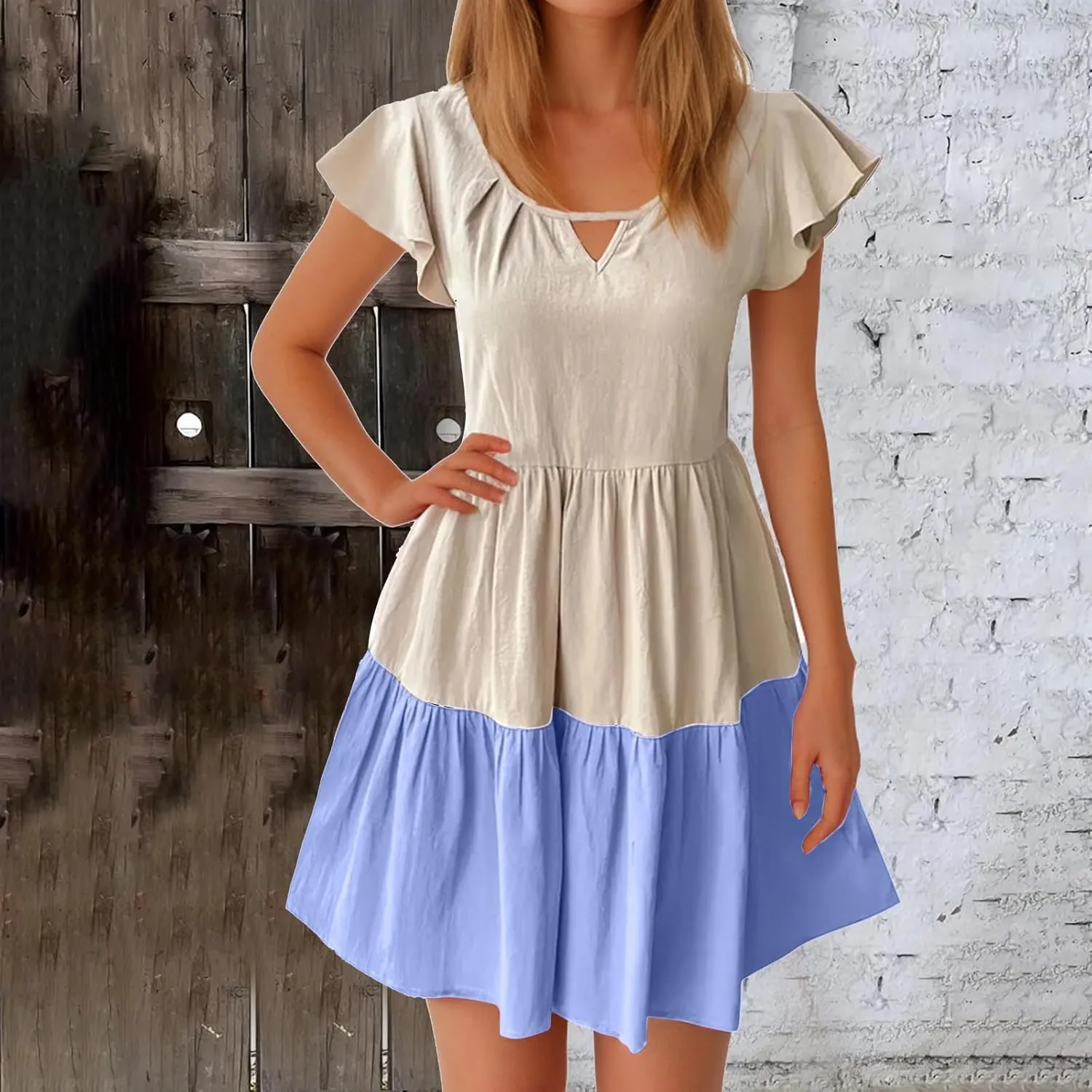 Women Ruffle Sleeve Mini Dress Fashion Color Block Notch V Neck Lounge Dresses Novelty Going Out T-Shirt Dress