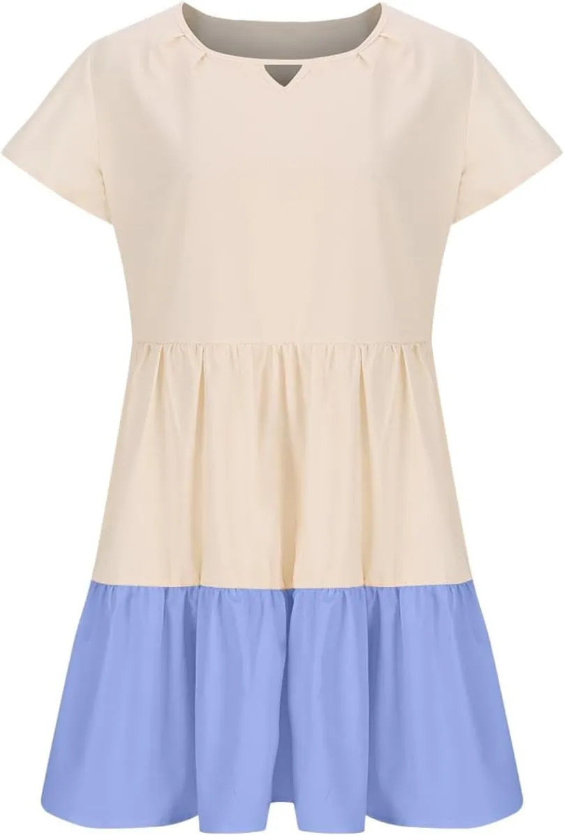 Women Ruffle Sleeve Mini Dress Fashion Color Block Notch V Neck Lounge Dresses Novelty Going Out T-Shirt Dress