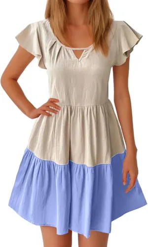 Women Ruffle Sleeve Mini Dress Fashion Color Block Notch V Neck Lounge Dresses Novelty Going Out T-Shirt Dress