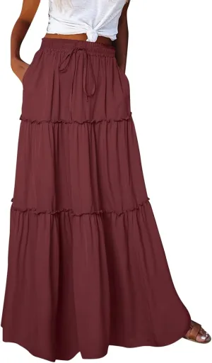 Women Summer Boho Floral Maxi Skirt Elastic High Waist Tiered Pleated Flowy Long Casual Beach Skirt