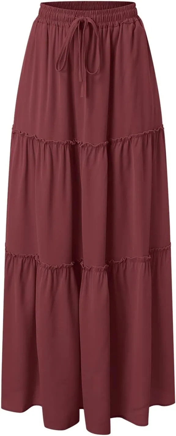 Women Summer Boho Floral Maxi Skirt Elastic High Waist Tiered Pleated Flowy Long Casual Beach Skirt