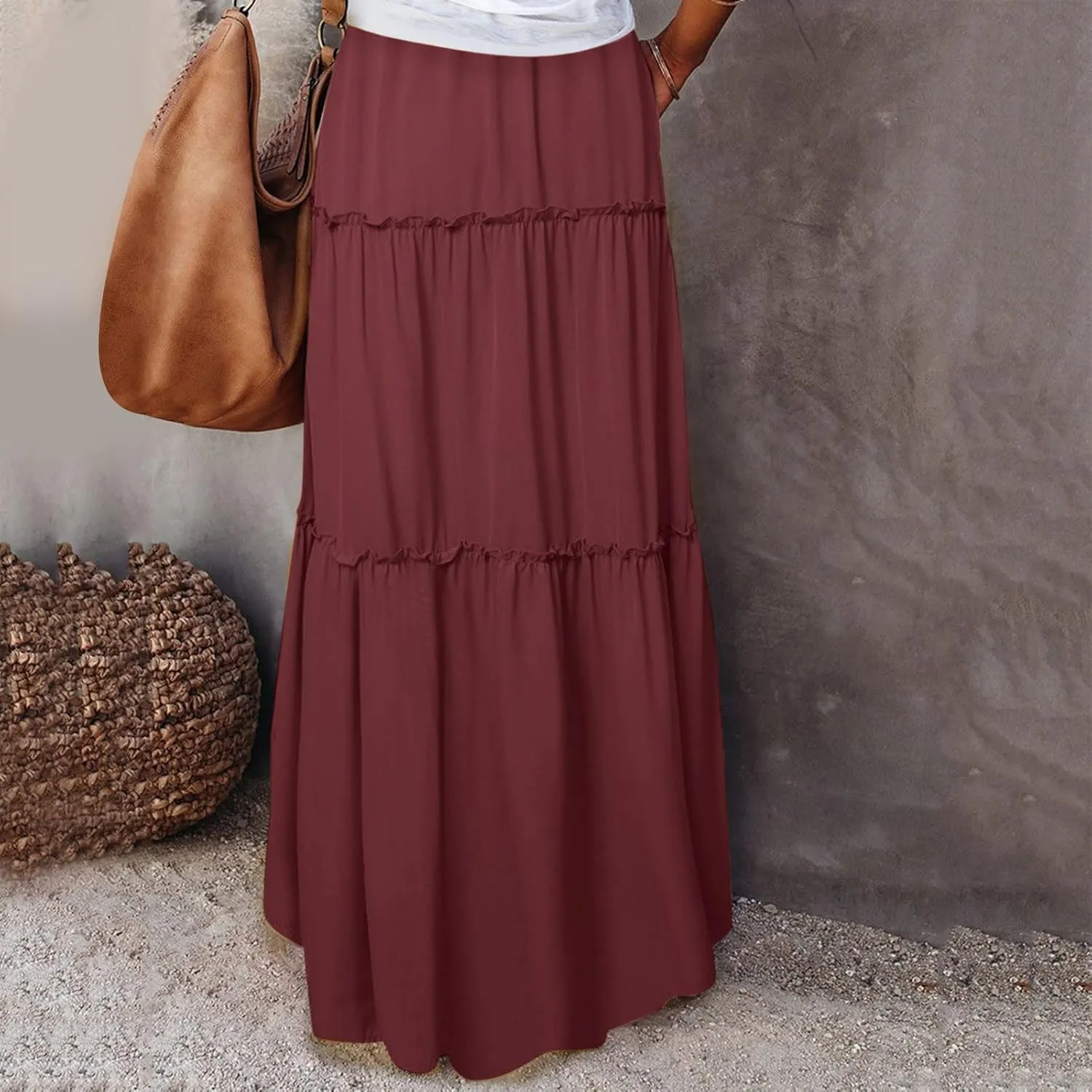 Women Summer Boho Floral Maxi Skirt Elastic High Waist Tiered Pleated Flowy Long Casual Beach Skirt