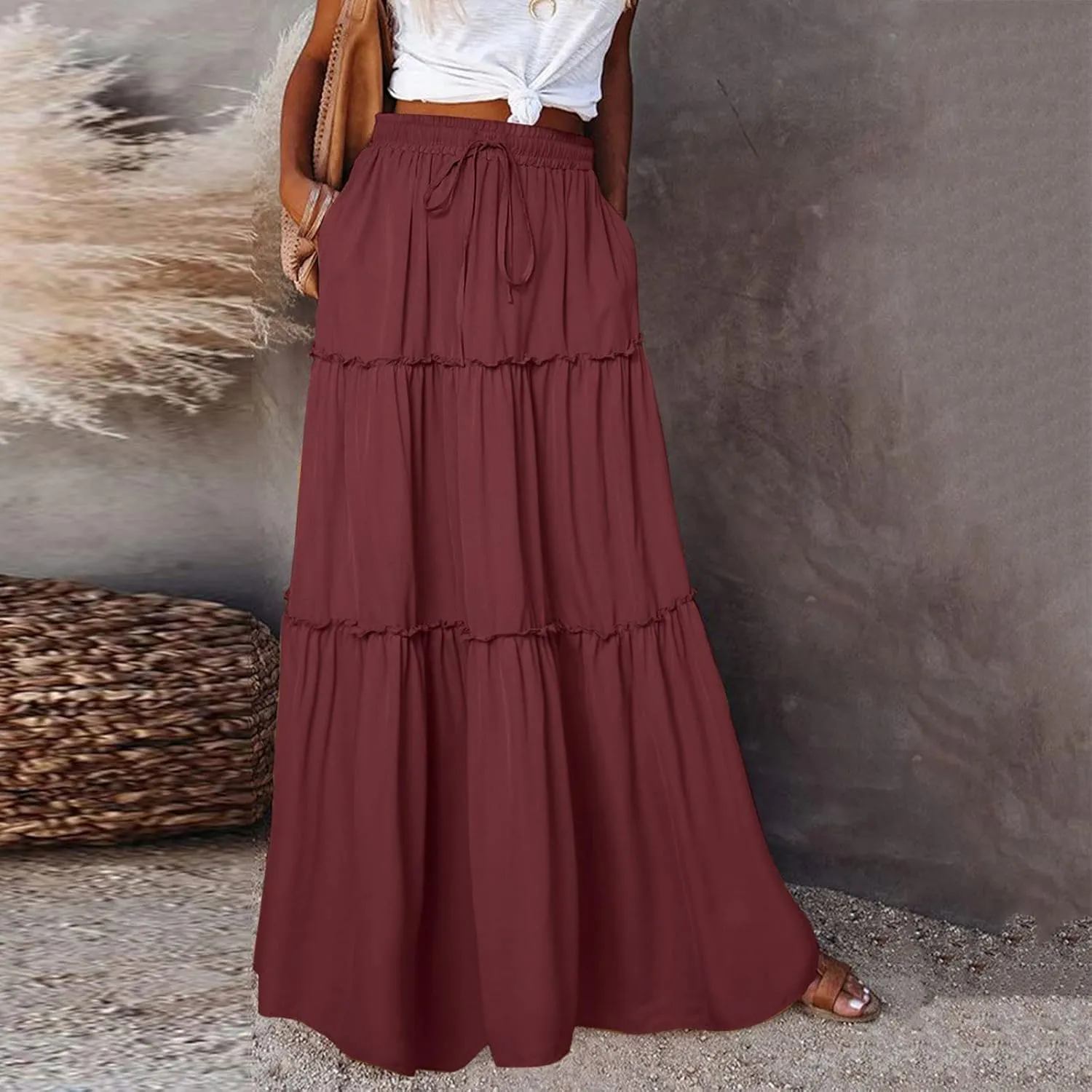 Women Summer Boho Floral Maxi Skirt Elastic High Waist Tiered Pleated Flowy Long Casual Beach Skirt