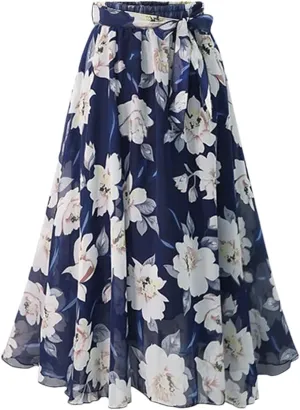 Women Summer Loose Elastic High Waist Chiffon Midi Skirts Plus Size Print Floral Skirt