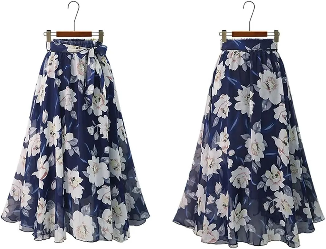 Women Summer Loose Elastic High Waist Chiffon Midi Skirts Plus Size Print Floral Skirt